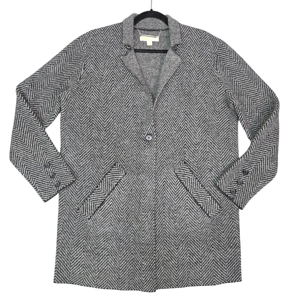 Michael Kors Wool Coat Coatigan Womens Large Grey Herringbone Classic Preppy